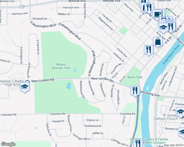 map of restaurants, bars, coffee shops, grocery stores, and more near 672 South Washington Boulevard in Hamilton