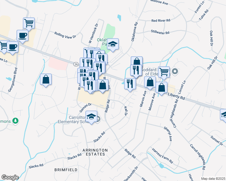 map of restaurants, bars, coffee shops, grocery stores, and more near 6478 Cornwall Drive in Eldersburg