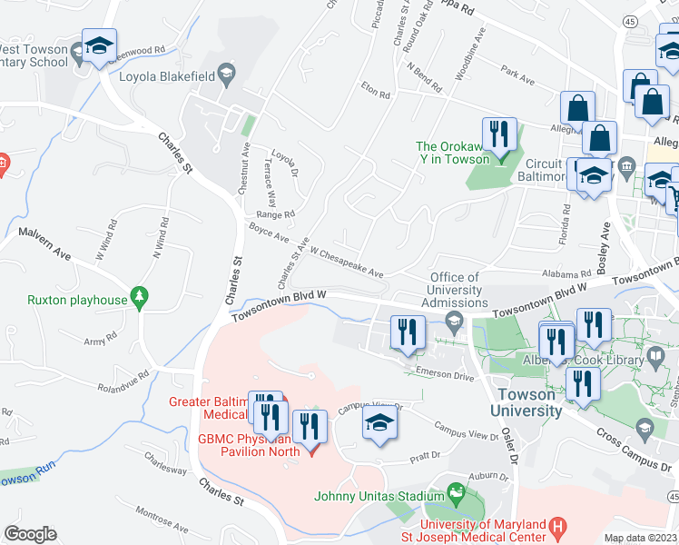 map of restaurants, bars, coffee shops, grocery stores, and more near 105 Versailles Circle in Towson