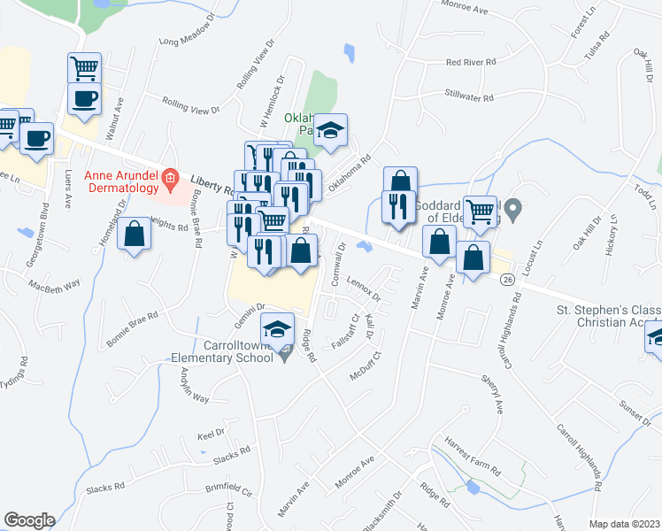 map of restaurants, bars, coffee shops, grocery stores, and more near 6478 Cornwall Drive in Sykesville