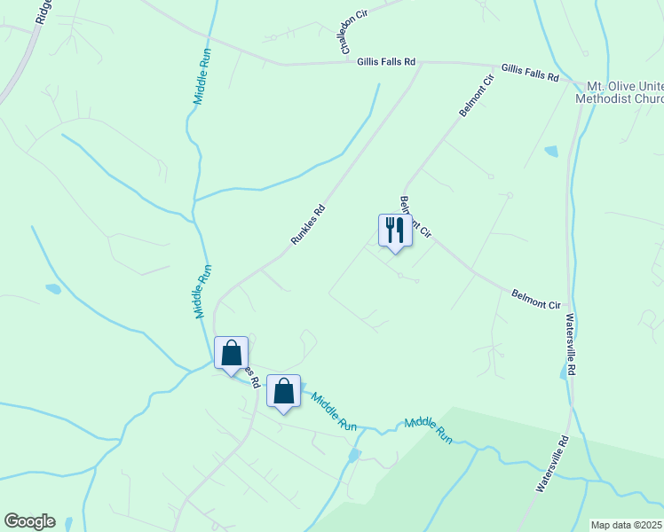 map of restaurants, bars, coffee shops, grocery stores, and more near 3320 Heavenly Cause Court in Mount Airy