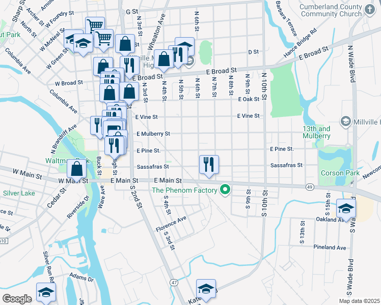 map of restaurants, bars, coffee shops, grocery stores, and more near 528 East Pine Street in Millville