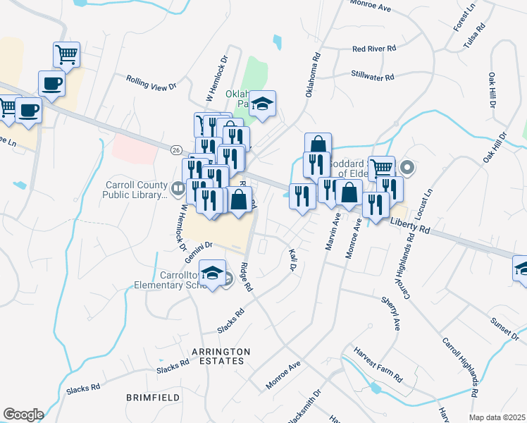 map of restaurants, bars, coffee shops, grocery stores, and more near 6478 Cornwall Drive in Eldersburg