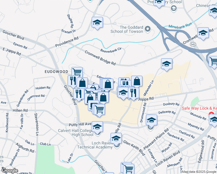 map of restaurants, bars, coffee shops, grocery stores, and more near 1102 East Joppa Road in Towson