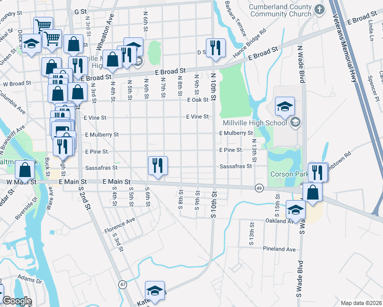 map of restaurants, bars, coffee shops, grocery stores, and more near 815 East Pine Street in Millville