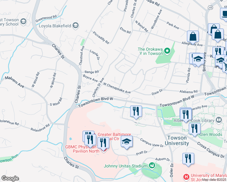 map of restaurants, bars, coffee shops, grocery stores, and more near 115 Versailles Circle in Towson