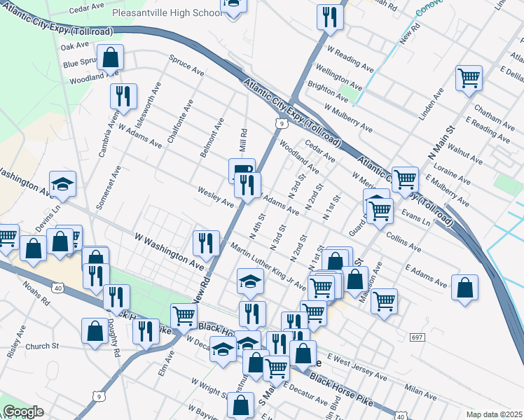 map of restaurants, bars, coffee shops, grocery stores, and more near 129 North 4th Street in Pleasantville
