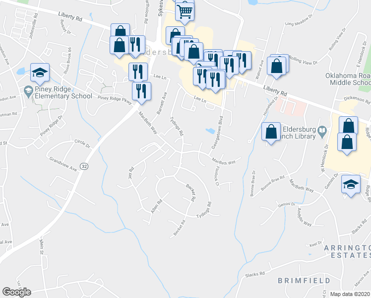 map of restaurants, bars, coffee shops, grocery stores, and more near 6489 Tydings Road in Eldersburg