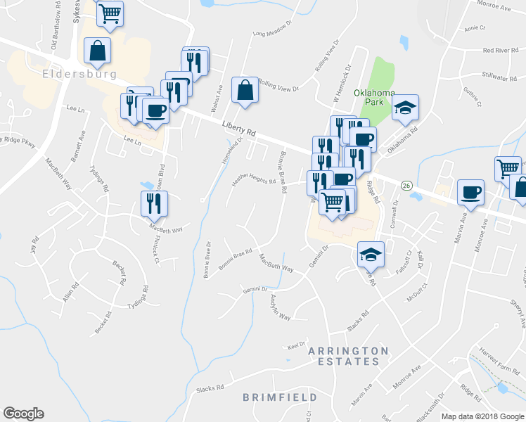 map of restaurants, bars, coffee shops, grocery stores, and more near 6405 Glasgow Cir in Sykesville