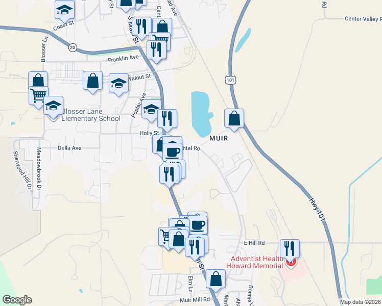 map of restaurants, bars, coffee shops, grocery stores, and more near 99 Baechtel Road in Willits