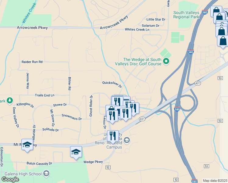 map of restaurants, bars, coffee shops, grocery stores, and more near 765 Summer Star Place in Reno