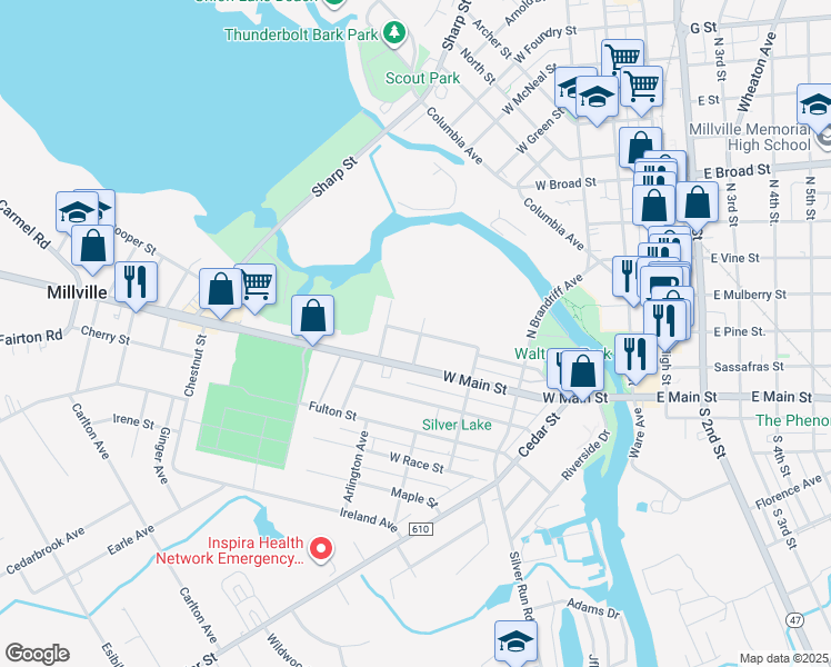 map of restaurants, bars, coffee shops, grocery stores, and more near 417 Maurice Street in Millville