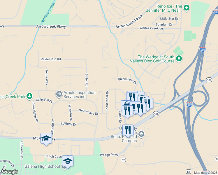 map of restaurants, bars, coffee shops, grocery stores, and more near 14285 Ghost Rider Drive in Reno