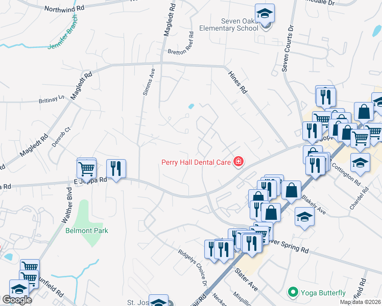map of restaurants, bars, coffee shops, grocery stores, and more near 27 Turnbrook Court in Parkville