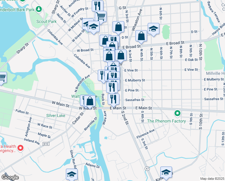map of restaurants, bars, coffee shops, grocery stores, and more near North High Street & East Pine Street in Millville