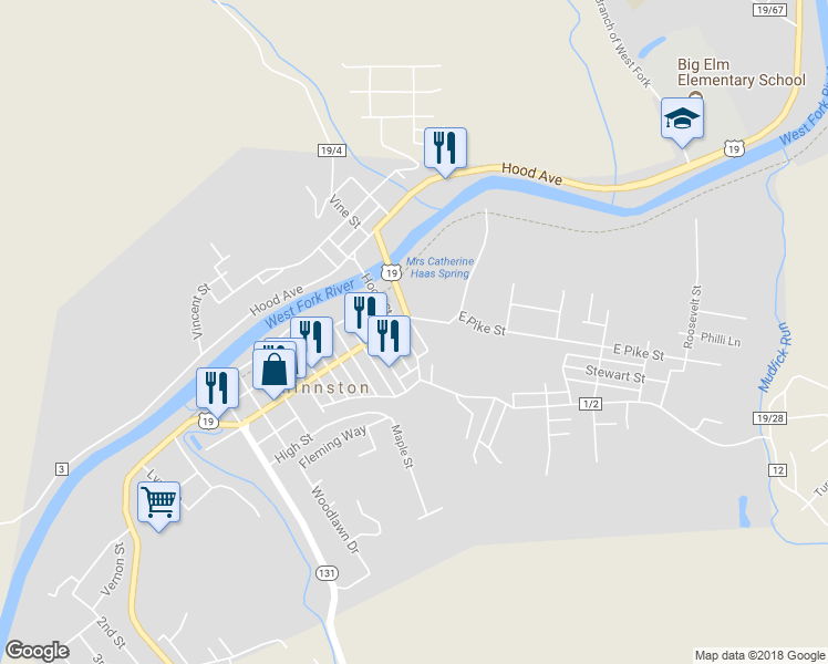 map of restaurants, bars, coffee shops, grocery stores, and more near 77 Bluff St in Shinnston