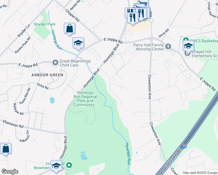 map of restaurants, bars, coffee shops, grocery stores, and more near 9024 Sunni Shade Court in Perry Hall