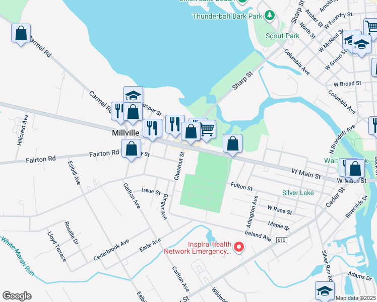 map of restaurants, bars, coffee shops, grocery stores, and more near 623 West Main Street in Millville