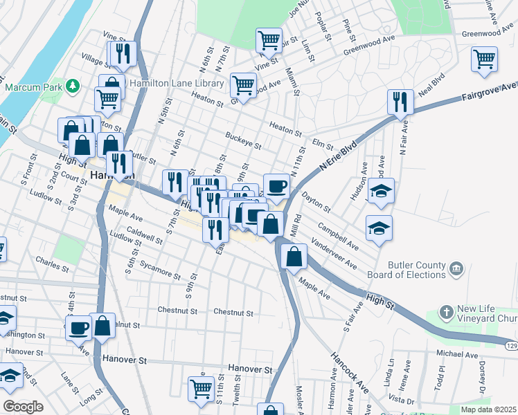 map of restaurants, bars, coffee shops, grocery stores, and more near 1020 Campbell Avenue in Hamilton