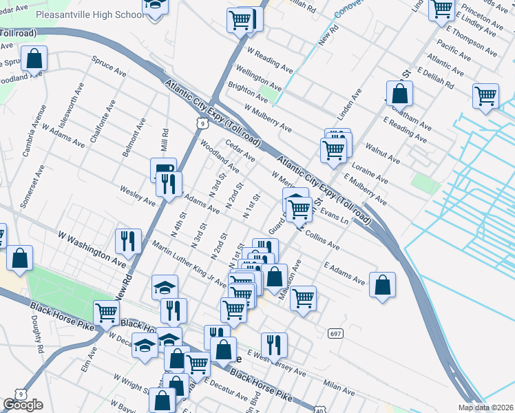 map of restaurants, bars, coffee shops, grocery stores, and more near 221 North 1st Street in Pleasantville