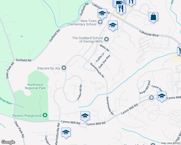 map of restaurants, bars, coffee shops, grocery stores, and more near 9759 Bon Haven Lane in Owings Mills