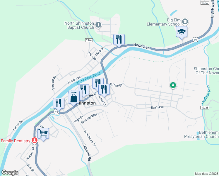 map of restaurants, bars, coffee shops, grocery stores, and more near 77 Bluff Street in Shinnston