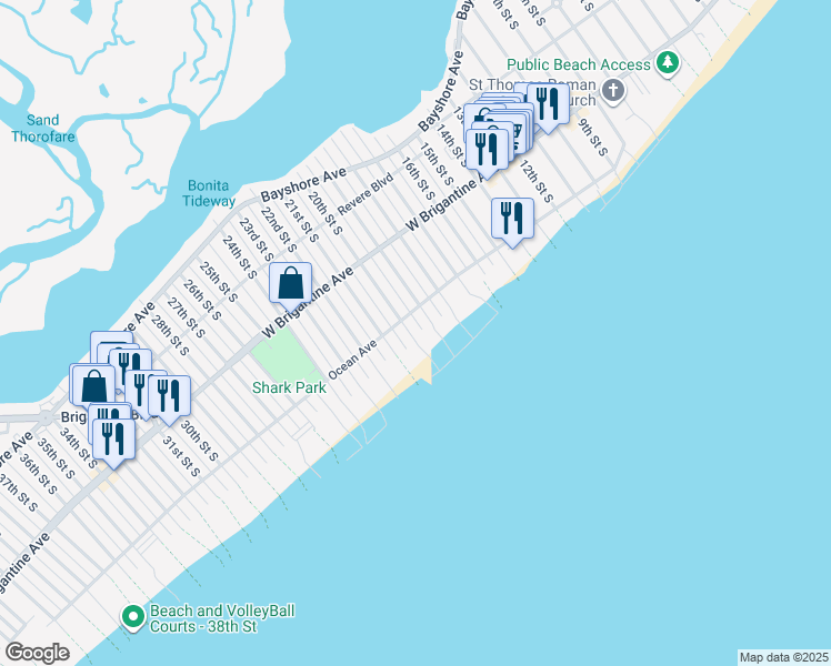 map of restaurants, bars, coffee shops, grocery stores, and more near 402 19th Street South in Brigantine