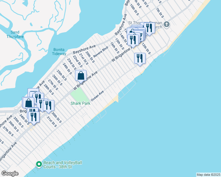 map of restaurants, bars, coffee shops, grocery stores, and more near 2000 Ocean Avenue in Brigantine