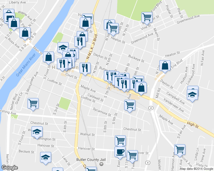 map of restaurants, bars, coffee shops, grocery stores, and more near 635 High St in Hamilton