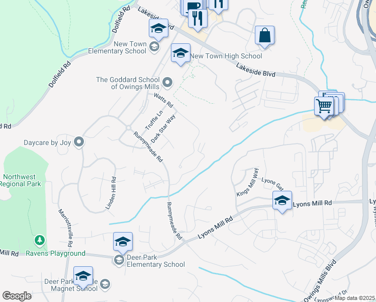 map of restaurants, bars, coffee shops, grocery stores, and more near 4614 Lathe Road in Owings Mills