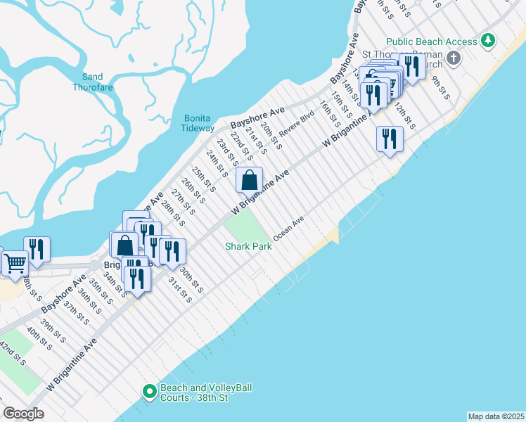 map of restaurants, bars, coffee shops, grocery stores, and more near 304 23rd Street South in Brigantine