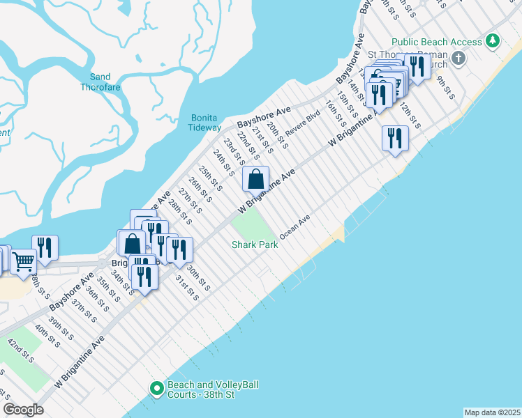 map of restaurants, bars, coffee shops, grocery stores, and more near 304 23rd Street South in Brigantine
