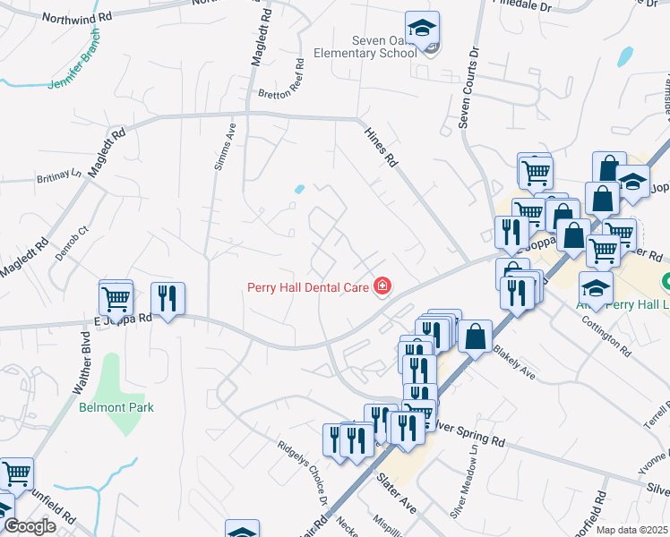 map of restaurants, bars, coffee shops, grocery stores, and more near 21 Fountain Ridge Circle in Parkville