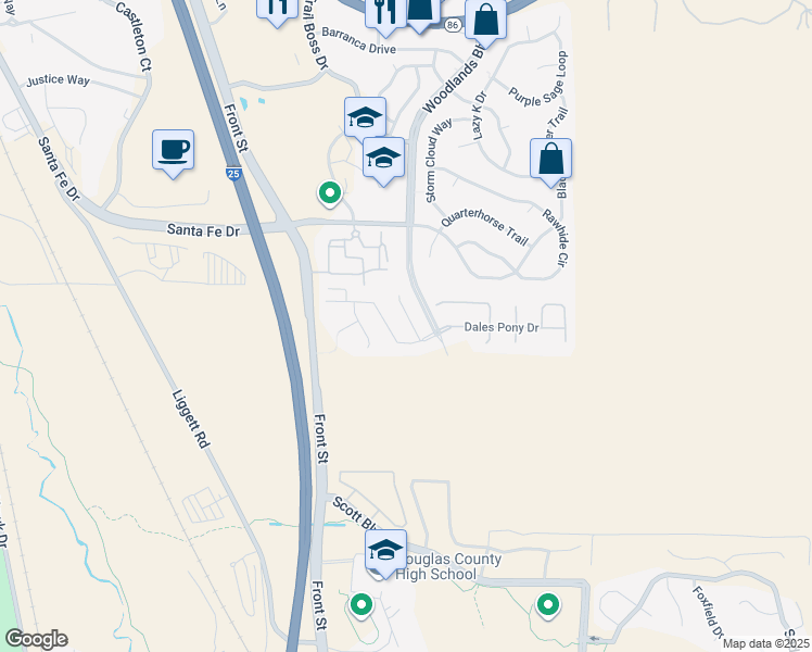 map of restaurants, bars, coffee shops, grocery stores, and more near 3429 Belltop Court in Castle Rock