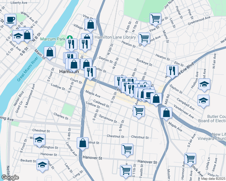 map of restaurants, bars, coffee shops, grocery stores, and more near 635 High Street in Hamilton