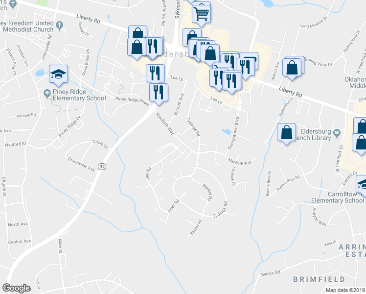map of restaurants, bars, coffee shops, grocery stores, and more near 1427 Jay Road in Eldersburg