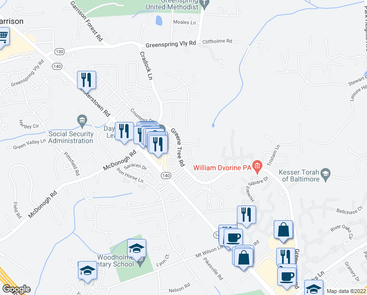 map of restaurants, bars, coffee shops, grocery stores, and more near 205 Galvariun Court in Pikesville