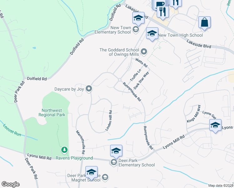 map of restaurants, bars, coffee shops, grocery stores, and more near 9787 Bon Haven Lane in Owings Mills