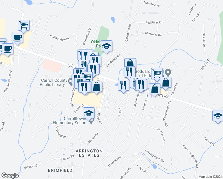 map of restaurants, bars, coffee shops, grocery stores, and more near 1819 Cassandra Drive in Eldersburg