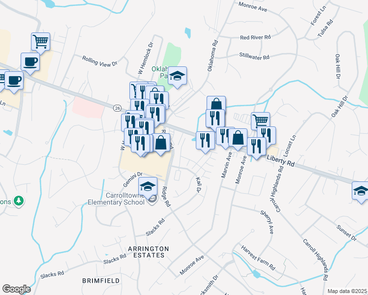 map of restaurants, bars, coffee shops, grocery stores, and more near 6467 Cornwall Drive in Eldersburg