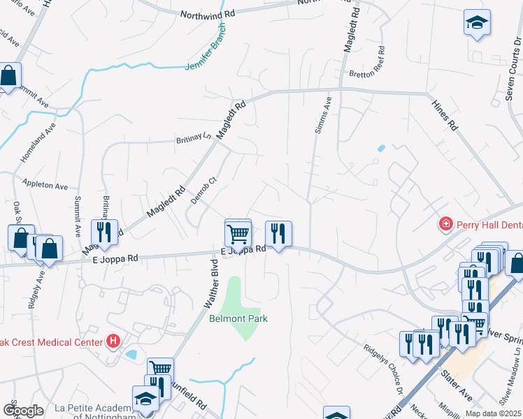 map of restaurants, bars, coffee shops, grocery stores, and more near 6 Derwood Court in Parkville
