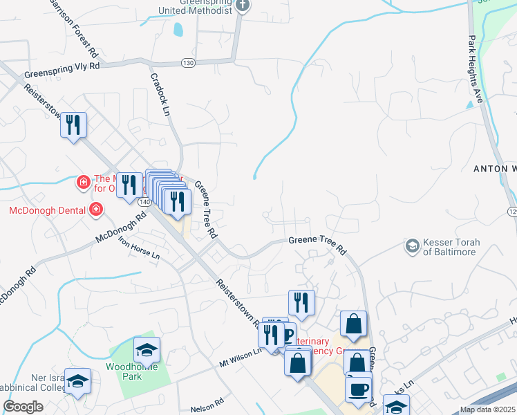 map of restaurants, bars, coffee shops, grocery stores, and more near 8959 Griffin Way in Pikesville