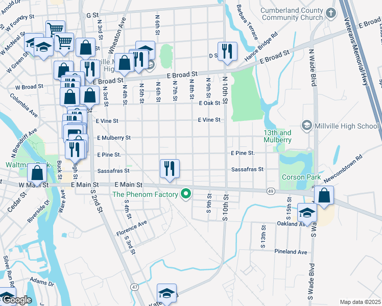 map of restaurants, bars, coffee shops, grocery stores, and more near 204 North 8th Street in Millville