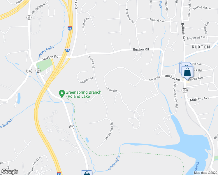 map of restaurants, bars, coffee shops, grocery stores, and more near 1749 Circle Road in Towson