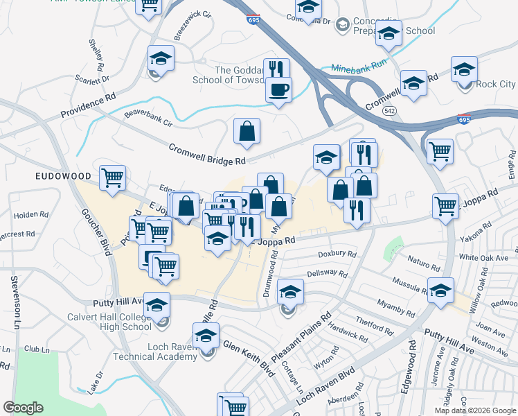 map of restaurants, bars, coffee shops, grocery stores, and more near 1274 East Joppa Road in Towson