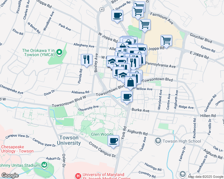 map of restaurants, bars, coffee shops, grocery stores, and more near 200 Courtland Avenue in Towson