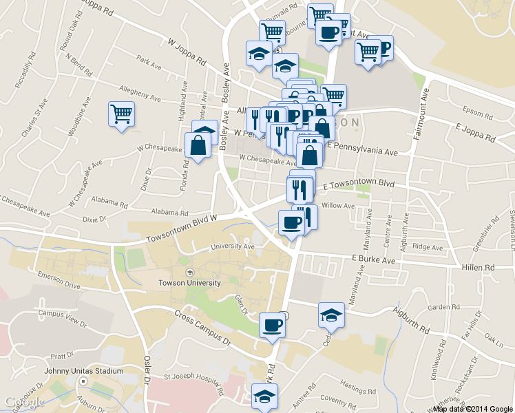 map of restaurants, bars, coffee shops, grocery stores, and more near 200 Courtland Avenue in Towson