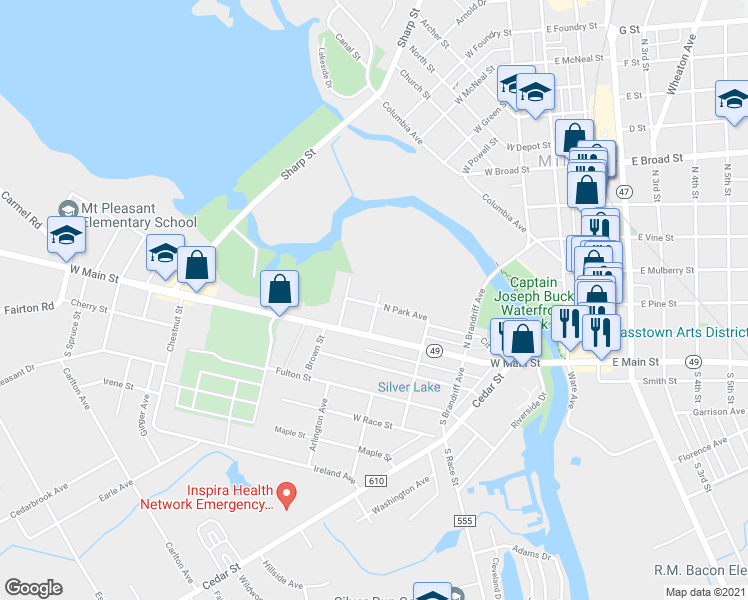 map of restaurants, bars, coffee shops, grocery stores, and more near 400 Maurice Street in Millville