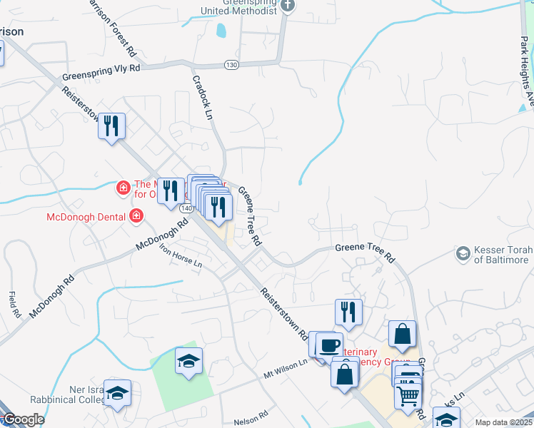 map of restaurants, bars, coffee shops, grocery stores, and more near 227 Galvariun Court in Pikesville