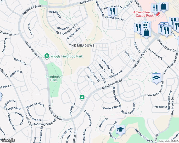 map of restaurants, bars, coffee shops, grocery stores, and more near 3347 Ireland Moss Street in Castle Rock